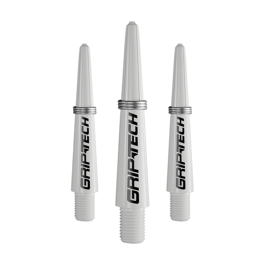 Das Bild zeigt drei silberne Dartschäfte mit der Aufschrift "GRIPTECH". Sie sind aus Kunststoff und haben ein Schraubgewinde am unteren Ende.