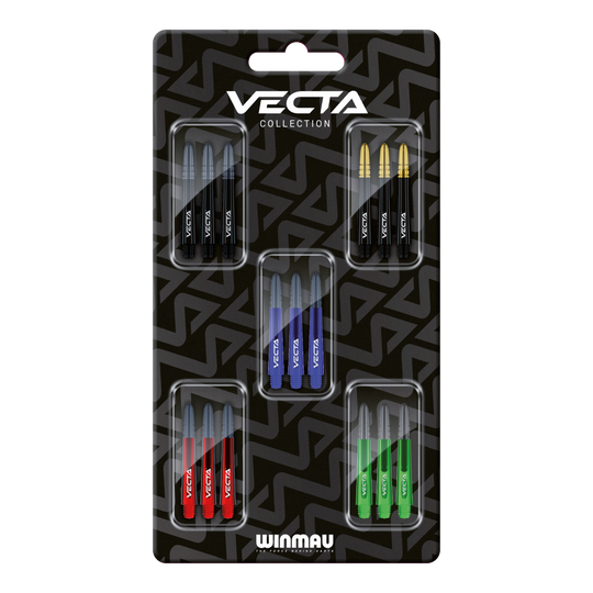 Abgebildet ist die Winmau Vecta Shaft Collection. Diese Produkte sind hochwertige Dartschäfte.