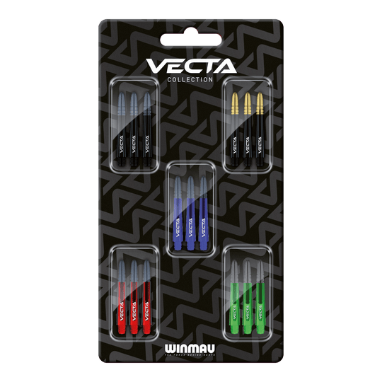 Kolekce shaftů Winmau Vecta Abgebildet ist die Winmau Vecta Shaft Collection. Diese Produkte sind hochwertige Dartschäfte.