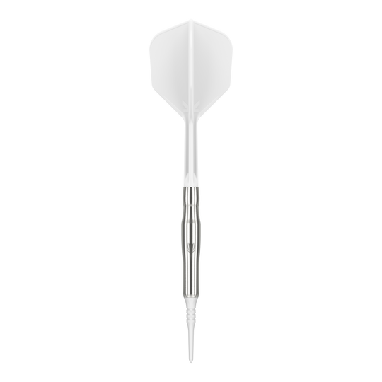 Měkké šipky Target Japan Crux Brave - 18,5 g Das Bild zeigt einen weißen Softdart mit silbernem Schaft. Es handelt sich um das Produkt "Target Japan Crux Brave Softdarts - 18,5g".