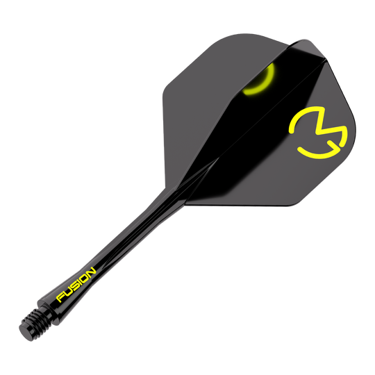 Das Bild zeigt das Winmau Fusion Flight-Shaft-System Michael Van Gerwen Pacman No2 Standard. Es ist schwarz mit gelben Akzenten und dem Logo auf dem Flight.