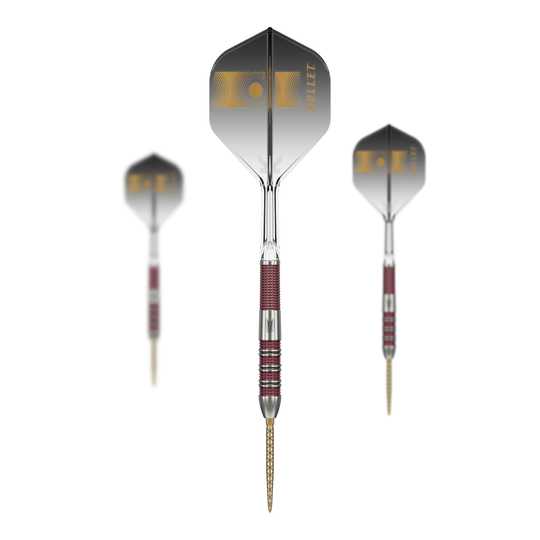 Šipky Target Stephen Bunting 95K Swiss Point Steel Das Bild zeigt drei Target Stephen Bunting 95K Swiss Point Steeldarts. Die Darts haben schwarze Flights mit goldenen Akzenten und einen rot-silbernen Griffbereich.