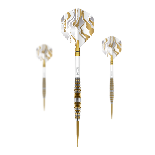 Zu sehen ist das Set der Red Dragon Paradym Gold Torpedo Steeldarts. Dieses Produkt besteht aus mehreren hochwertigen goldenen Steeldarts.