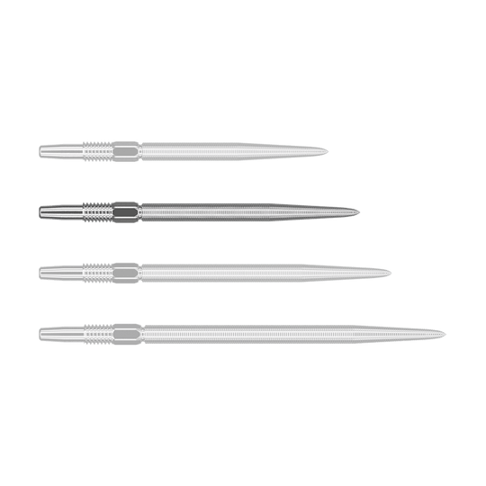 Targetové hroty Swiss Point Nano Dart - Stříbrné Auf dem Bild sind vier silberne Dartspitzen in einer Reihe nebeneinander zu sehen. Sie sind schmal, lang und haben feine Rillen entlang der Oberfläche.