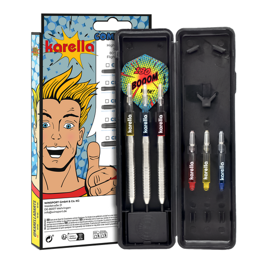 Ocelové šipky Karella Comic Line CL-2 - 23g Hier sind die Karella Comic Line CL-2 Steeldarts mit einem Gewicht von 23g abgebildet. Die Darts sind speziell für den Einsatz im Wettkampf gedacht.