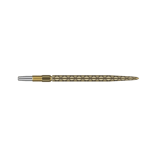 Zaměřte hroty šipek Swiss Diamond Pro Gold Dies ist eine goldfarbene Dartspitze mit einem rautenförmigen Muster. Die Spitze ist schlank und hat am hinteren Ende einen silbernen Anschluss.