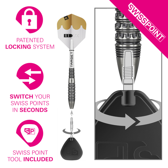 Ocelové šipky Target Redux 02 Swiss Point Die Abbildung zeigt die Target Redux 02 Swiss Point Steeldarts. Es handelt sich um hochwertige Steeldarts für präzise Würfe.