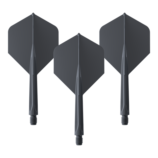 Unicorn Forge All In One Plus No2 Standard Flights Black - Medium Das Bild zeigt drei schwarze Dartflights mit integriertem Schaft in mittlerer Größe. Es handelt sich um das Produkt "Unicorn Forge All In One Plus No2 Standard Flights Schwarz - Medium".