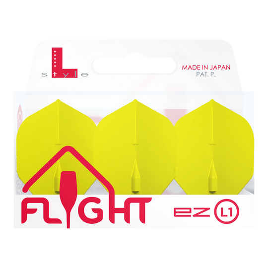 Standardní lety L-Style Champagne L1EZ Das Bild zeigt eine Packung mit drei gelben L-Style Champagne L1EZ Standard Flights. Die Verpackung ist weiß mit roter und grauer Schrift und wurde in Japan hergestellt.
