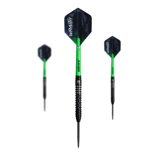 Ocelové šipky Unicorn Wraith Cameron Menzies - 23g Auf dem Bild sind die Unicorn Wraith Cameron Menzies Steeldarts - 23g zu erkennen. Es handelt sich um ein Set mit Steeldarts in silberner Farbe.