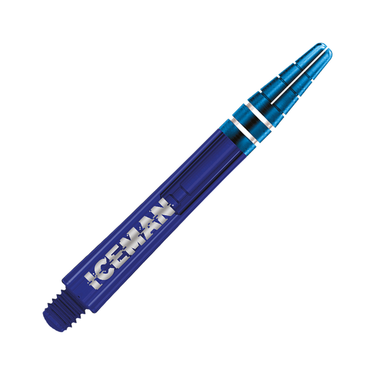 C812_Red_Dragon_Nitrotech_Gerwyn_Price_Blue_Shafts_48mm_2 Dies ist ein blauer Dart-Schaft mit der Aufschrift "ICEMAN". Der Schaft hat zwei silberne Ringe am oberen Ende.