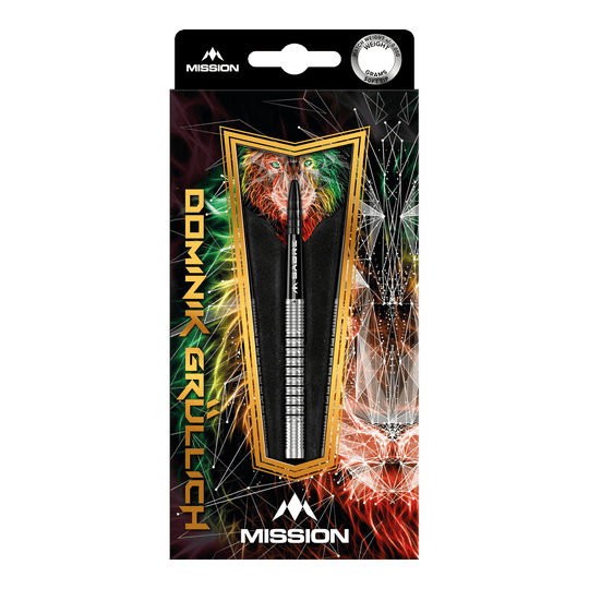 Mise Dominik Grüllich Steeldarts Die Abbildung zeigt die Verpackung der "Mission Dominik Grüllich Steeldarts - 23,5g". Die Verpackung ist bunt gestaltet und zeigt einen einzelnen Dartpfeil in der Mitte.