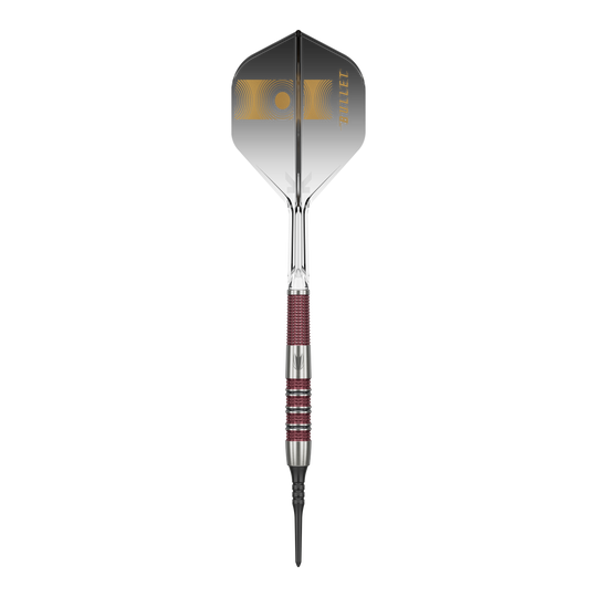 Měkké šipky Target Stephen Bunting 95K - 19g Das Bild zeigt einen Target Stephen Bunting 95K Softdart mit einem Gewicht von 19 Gramm. Der Dart hat ein elegantes schwarzes und silbernes Design mit roten Griffbereichen und einer schwarzen Flight mit goldenen Akzenten.