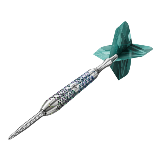 Ocelové šipky Target Rove 03 Swiss Point Das Bild zeigt den Target Rove 03 Swiss Point Steeldart. Der Dart hat einen silbernen, strukturierten Schaft und grüne Flights.