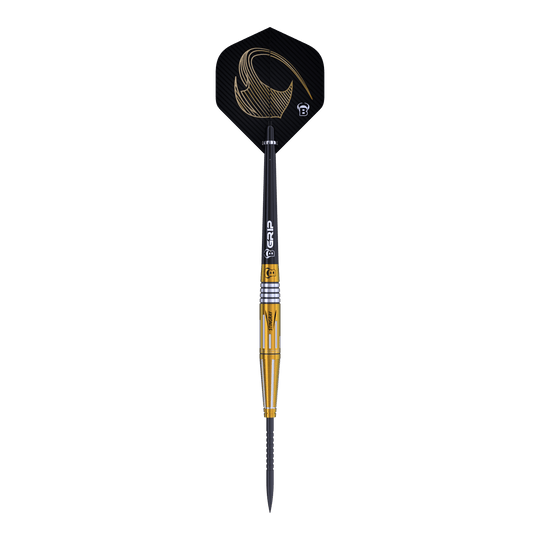 Das Bild zeigt den Bulls Stingray ST4 Steeldart mit einem eleganten Design in Schwarz und Gold. Der Dart hat eine schlanke Form und ist mit einem auffälligen Flight ausgestattet.