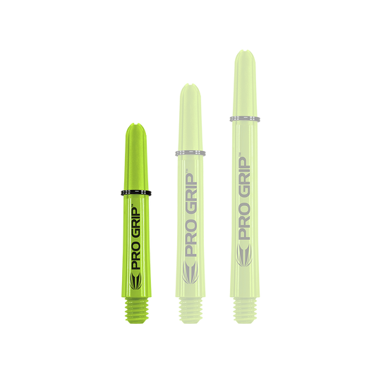 Target Pro Grip Shafts - 3 sady - Lime Green Das Bild zeigt drei limegrüne Pro Grip Shafts in unterschiedlicher Länge. Auf jedem Schaft steht gut sichtbar der Schriftzug "PRO GRIP".