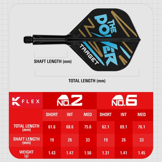 Systém standardní letové hřídele Target K-Flex Phil Taylor No2 Das Bild zeigt das Produkt „Target K-Flex Phil Taylor No2 Standard Flights“ mit einer grafischen Darstellung und Maßen. Unten sind Tabellen mit Längen- und Gewichtsangaben für verschiedene Größen des Produkts abgebildet.