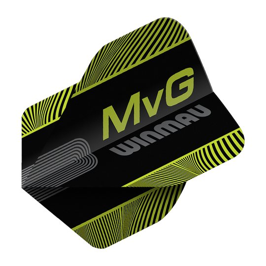 Letky Winmau Prism Delta MvG Black Green Text No2 Standard Abgebildet sind die Winmau Prism Delta MvG Black Green Text No2 Standard Flights. Diese Dart-Flights haben ein schwarzes und grünes Farbmuster mit Schriftzug.