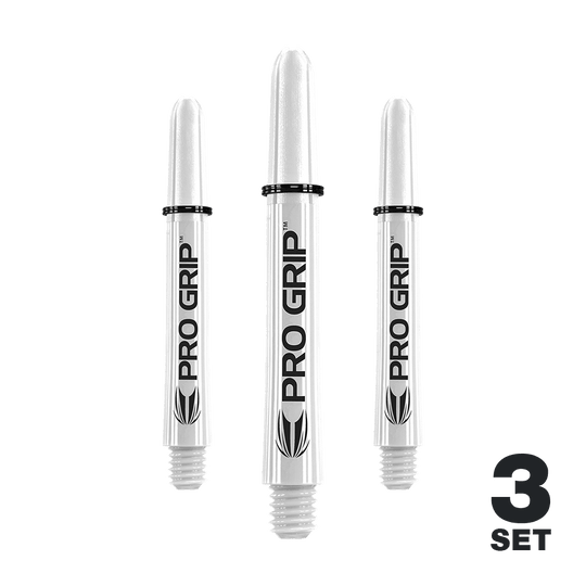 Target Pro Grip Shafts – 3 sady – White Das Bild zeigt drei weiße "Pro Grip" Shafts für Dartpfeile. In der unteren rechten Ecke steht "3 SET".