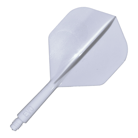 Systém letové hřídele EVO1 - bílý Das Bild zeigt das Evolution EVO1 Flight-Shaft-System in Weiß. Es handelt sich um ein Zubehör für Darts, das aus einem weißen Schaftsystem besteht.