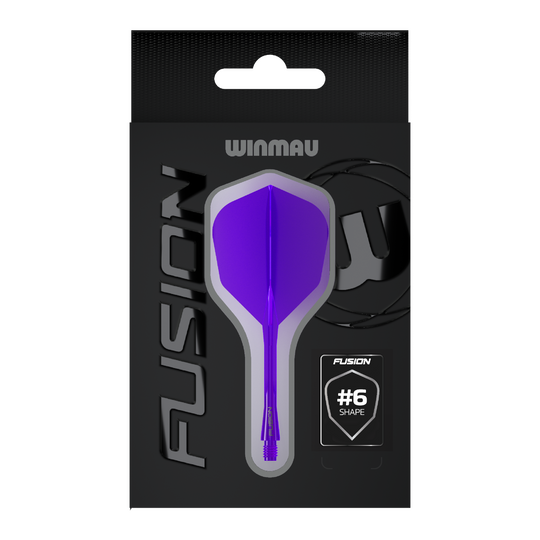 Zu sehen ist das Winmau Fusion Flight-Shaft-System No6 in Lila. Das Produkt wird für Dartspiele verwendet.