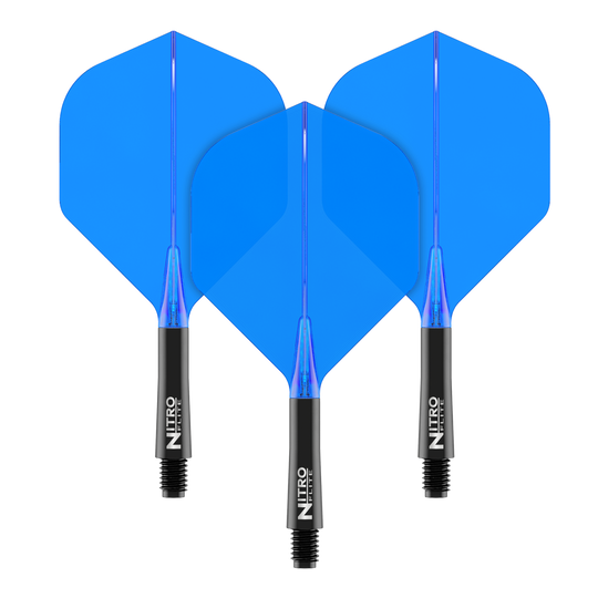 Red Dragon Nitroflite - Black Shaft Blue No. 2 Flights Das Bild zeigt drei blaue Dart-Flights mit schwarzen Schäften. Auf den Schäften steht der Schriftzug "Nitro Flite".