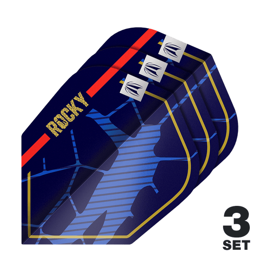 Letky Target Pro Ultra Josh Rock GEN1 č. 6 - 3 sady Das Bild zeigt drei Sätze der Target Pro Ultra Josh Rock GEN1 No6 Flights. Die Flights sind dunkelblau mit goldenen, roten und blauen Designelementen sowie dem Schriftzug "ROCKY".