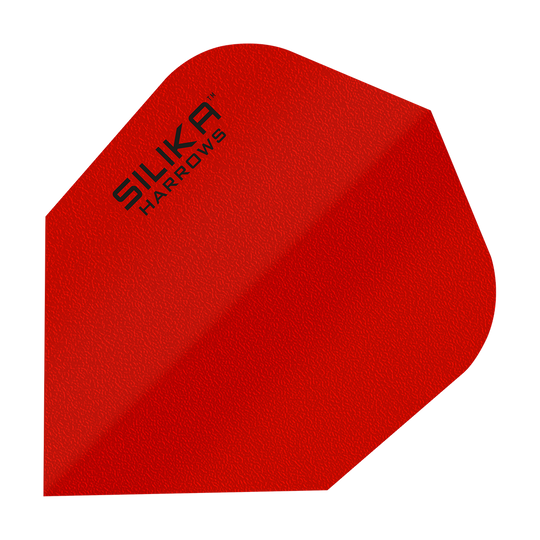 Das Bild zeigt ein rotes Dartflight mit der Aufschrift "Silika Harrows" in der Ecke. Es handelt sich um das Modell "Harrows Silika Solid Tough Crystalline Coating Red No6 Flights".