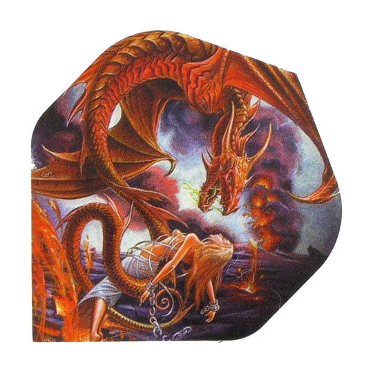 Auf dem Bild ist ein roter Drache zu sehen, der Feuer speit. Vor ihm kniet eine gefesselte Frau, während im Hintergrund Lava und Rauch aufsteigen.