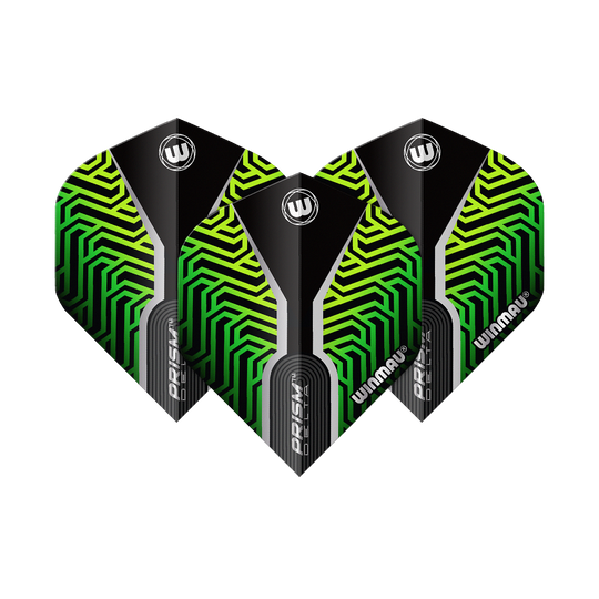 Das Bild zeigt drei Dart-Flights des Modells "Winmau Prism Delta Kairos No2 Standard" in Grün. Die Flights haben ein auffälliges Muster in Grün und Schwarz mit weißen Akzenten und dem Winmau-Logo.