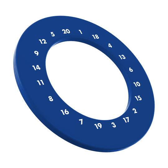 Obložení terče s HD čísly - vlastní barvy Dies ist ein Foto eines blauen Dartboard-Surrounds ohne Logo. Das Surround ist kreisförmig und umgibt ein Dartboard.