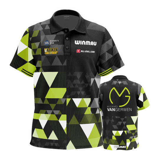 Das Bild stellt das Winmau Michael Van Gerwen Fan-Edition Poloshirt dar. Es ist ein spezielles Fan-Shirt im Stil von Michael Van Gerwen.