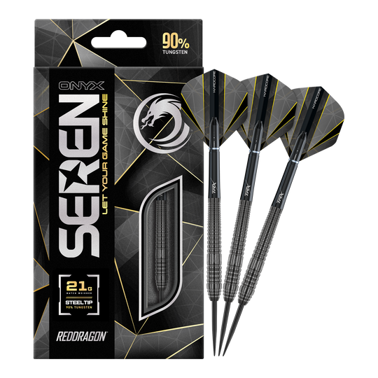 Das Bild zeigt die Red Dragon Seren 2 Onyx Steeldarts mit 21 Gramm Gewicht. Die Darts bestehen aus 90% Tungsten und haben ein elegantes schwarzes Design.