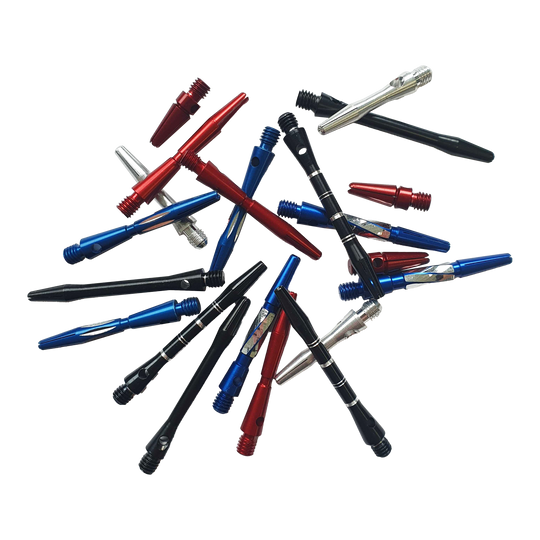 Sada překvapení Alu-Shaft - 7 sad Das Bild zeigt eine Auswahl an bunten Aluminiumschäften für Dartpfeile. Die Schäfte sind in verschiedenen Farben wie Rot, Blau, Schwarz und Silber enthalten.