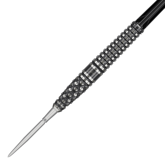 Šipky Target Japan Paul Lim The Legend GEN8 Swiss Point Steeldarts - 24g Das Bild zeigt einen Target Japan Paul Lim The Legend GEN8 Swiss Point Steeldart mit 24g Gewicht. Der Dart hat ein detailreiches, strukturiertes Griffdesign in Schwarz und Silber.