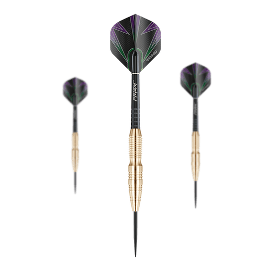 Winmau Simon Whitlock Mosazné Steeldarts Winmau Simon Whitlock Brass Steeldarts nebeneinander angeordnet. Die Oberfläche der Darts ist matt und detailreich.
