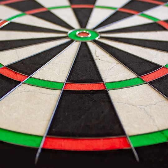NPQ Steeldartboard Das Bild zeigt eine Nahaufnahme des NPQ Steeldartboards. Die farbigen Sektoren in Schwarz, Weiß, Rot und Grün sind deutlich sichtbar.