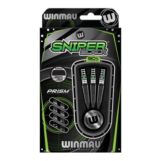 Měkké šipky Winmau Sniper Black 2025 - 20g Die Abbildung zeigt die Winmau Sniper Black 2025 Softdarts mit einem Gewicht von 20 Gramm. Die Verpackung ist in Schwarz und Grün gehalten und enthält drei Softdarts mit 90% Tungsten.