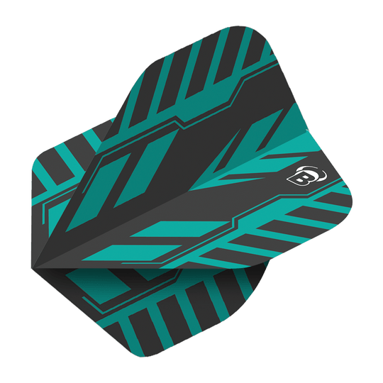 Standardní lety Bulls B-Star Veco No2 Das Bild zeigt das Produkt "Bulls B-Star Veco No2 Standard Flights". Es hat ein modernes, grafisches Design in Schwarz und Türkis mit einem weißen "B"-Logo.