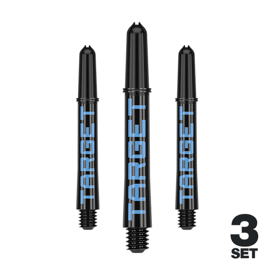 Násadky Target Pro Grip TAG - 3 sady - černomodré Das Bild zeigt drei schwarze Dartschäfte mit blauer Aufschrift "TARGET". Unten rechts steht "3 SET", was auf ein Set aus drei Stück hinweist.