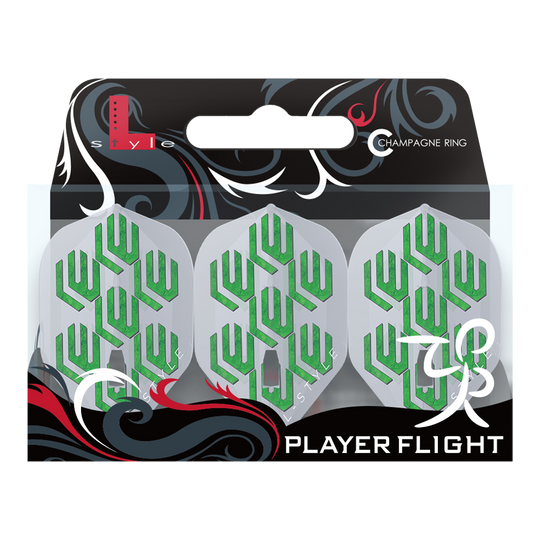 Das Bild zeigt die "L-Style Lukas Wenig V1 Clear White L1PRO Flights" in einer Verpackung. Die Flights sind weiß mit grünen geometrischen Mustern bedruckt.
