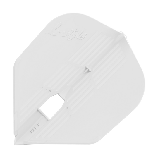 L-Style KAMI L3KPRO Flights Dies ist ein weißes Dartflight mit der Aufschrift "L-style" auf der Oberfläche. Es hat ein strukturiertes Design mit einer rechteckigen Öffnung in der Mitte.