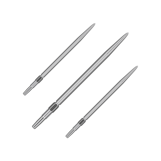 Targetové hroty Swiss Point Nano Dart - Stříbrné Das Bild zeigt drei silberne Dartspitzen, die nebeneinander angeordnet sind. Sie sind lang, schmal und haben gerillte Bereiche am hinteren Ende.