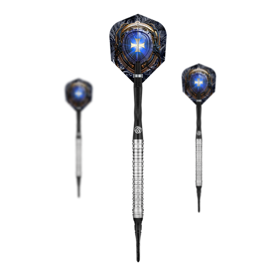 Das Bild zeigt drei Softdarts mit silbernen Griffen und auffälligen blauen Flights. Die Darts gehören zum Produkt "Shot Future Knights Ironsoul Softdarts - 20g".