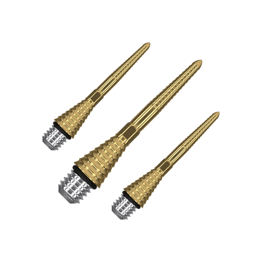 380178_Target_Titanium_Swiss_Point_Grooved_Conversion_Points_Gold_26mm_1 Das Bild zeigt drei goldfarbene Target Swiss Point Grooved Conversion Points. Sie haben ein gerilltes Design und sind für Dartpfeile bestimmt.