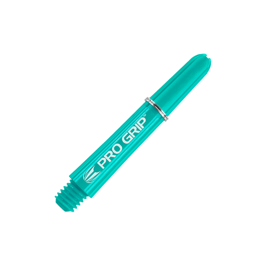 Target Pro Grip Shafts - 3 sady - Aqua Das Bild zeigt einen aqua-blauen Pro Grip Dart-Schaft mit silbernem Ring. Auf dem Schaft steht der Schriftzug „PRO GRIP“.