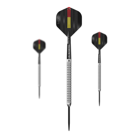 Das Bild zeigt drei silberne Steeldarts des Modells "Mission Mike De Decker MDD Silver". Die Flights sind schwarz mit roten und gelben Streifen gestaltet.
