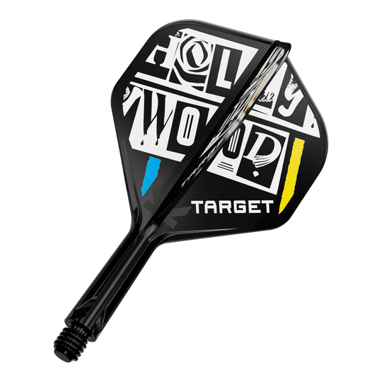 Systém standardní letové hřídele Target K-Flex Chris Dobey No2 Das Bild zeigt einen Dartpfeil-Flügel mit auffälligem schwarz-weißem Design und den farbigen Akzenten Blau und Gelb. Auf dem Flügel steht das Wort "TARGET" und ein grafisch gestalteter Schriftzug "HOLLYWOOD".