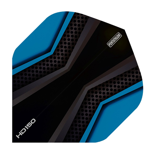 HD2022-Pentathlon-HD150-Black-Blue Dieses Bild zeigt ein HD 150 Pentathlon Flights in Schwarz und Blau. Das Design besteht aus schwarzen und blauen Flächen mit Mustern und den Aufdrucken "HD150" und "Pentathlon".