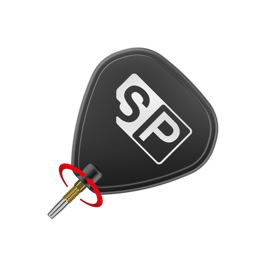 Zaměřte hroty šipek Swiss Firepoint Gold Das Bild zeigt eine schwarze Dart-Flightscheibe mit dem weißen Aufdruck "SP". Darunter ist eine goldene Dartspitze mit einem roten Pfeil, der eine Drehbewegung anzeigt.